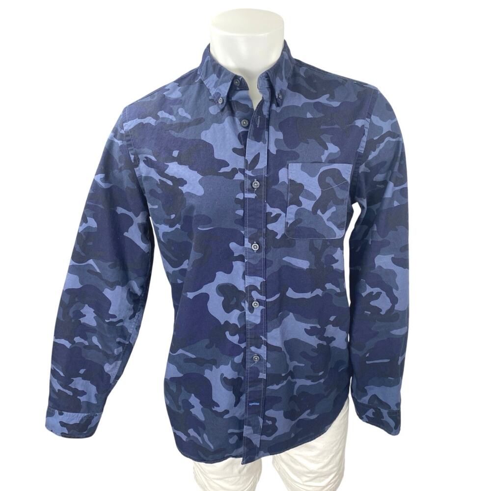 Gap The Modern Oxford Mens Blue Camo Army Military Long Sleeve Button Up Shirt L